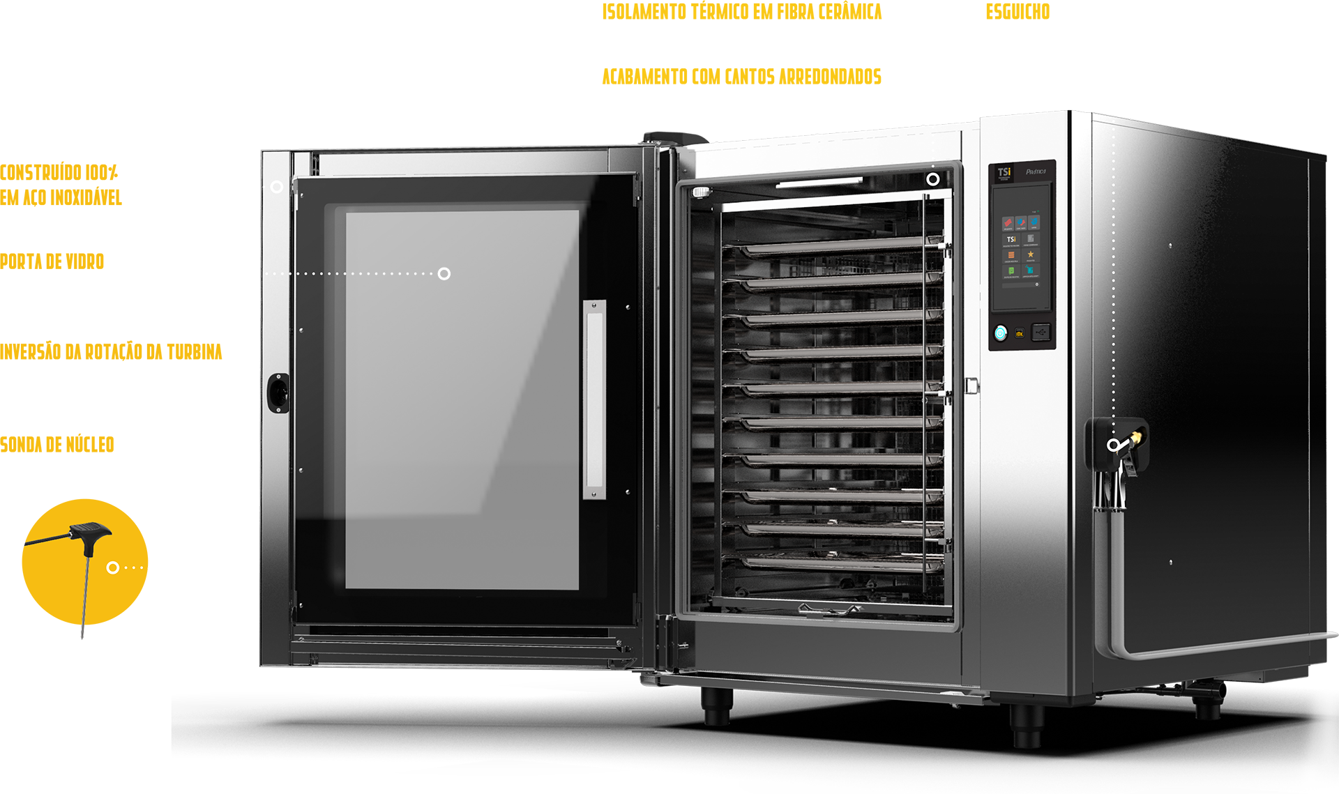 Um forno de aço inoxidável com a porta aberta sobre um fundo branco.