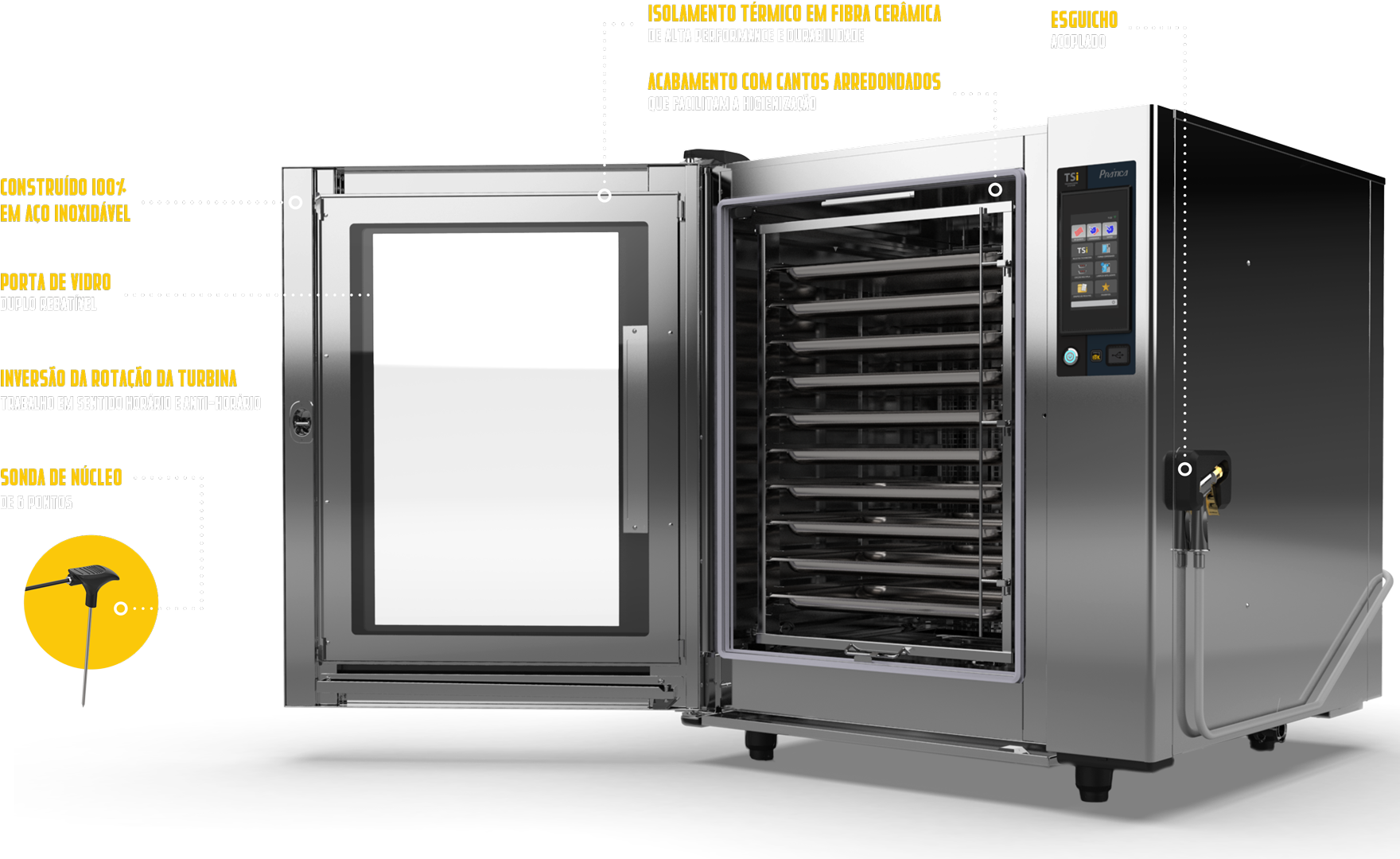 Um forno de aço inoxidável com a porta aberta sobre um fundo branco.