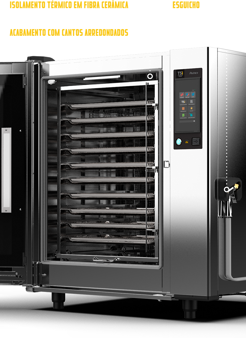 Um forno de aço inoxidável com a porta aberta sobre um fundo branco.