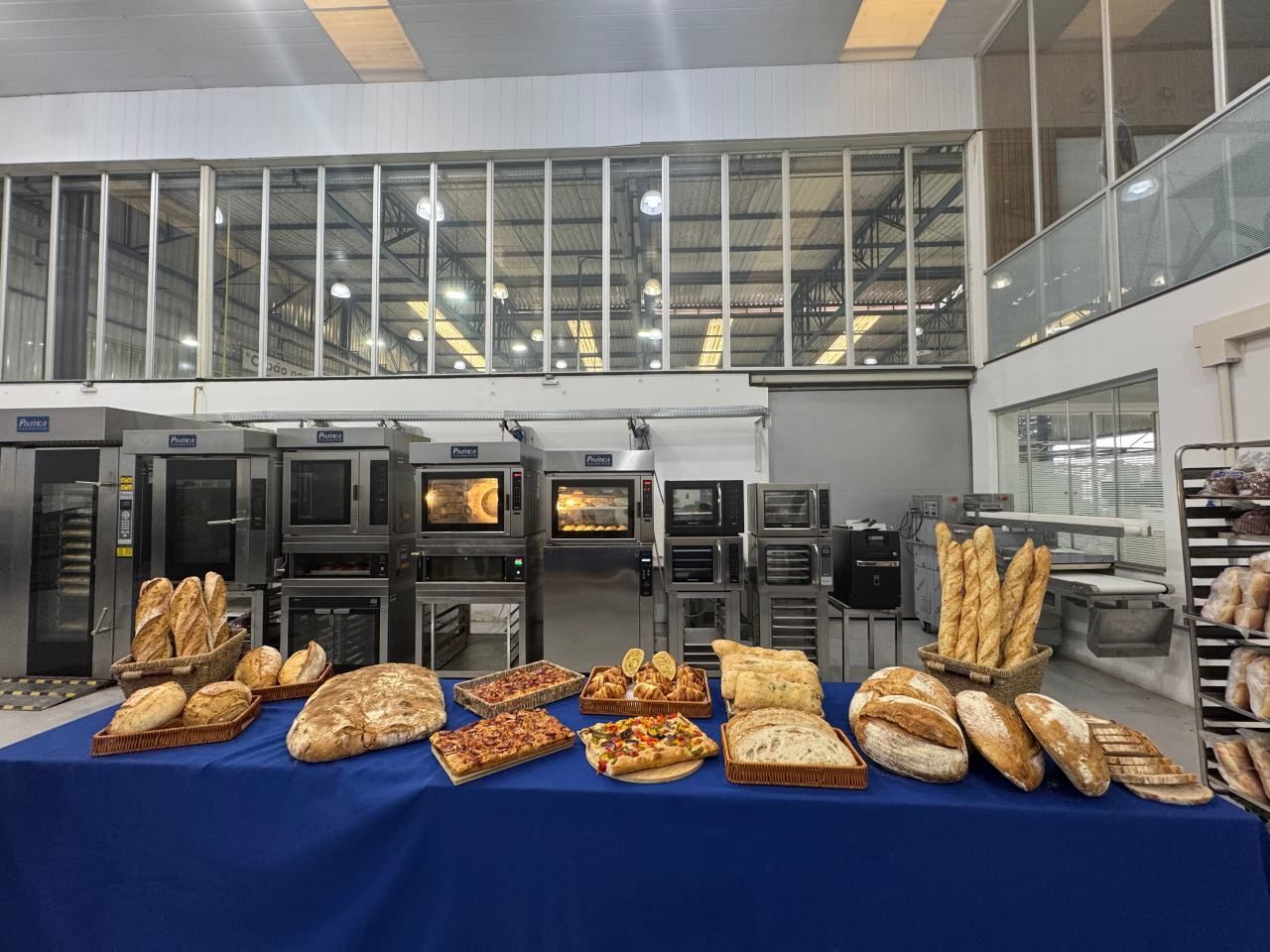 Uma variedade de pães estão sobre uma mesa em uma padaria.