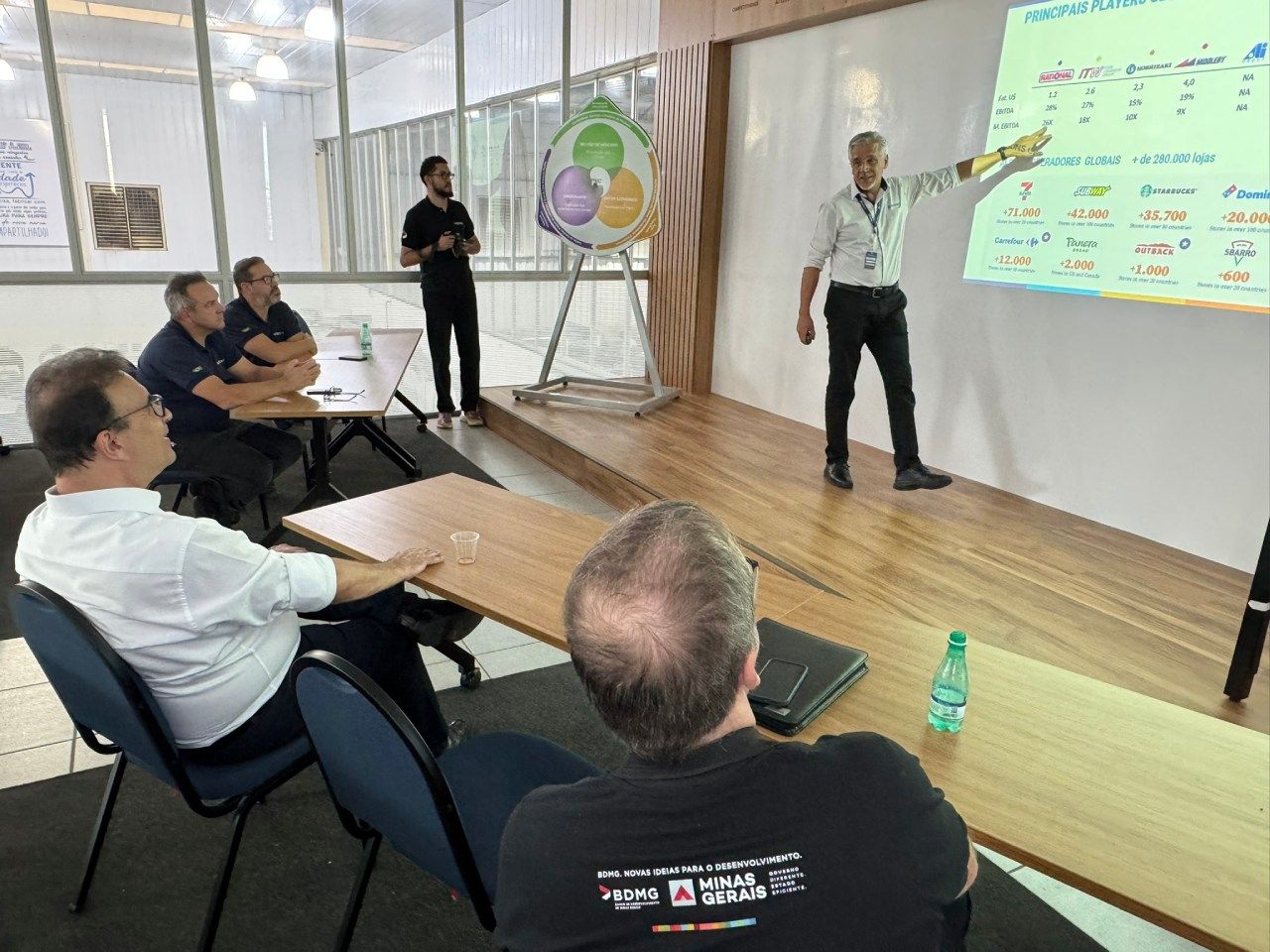 Um homem está fazendo uma apresentação para um grupo de pessoas em uma sala de conferências.