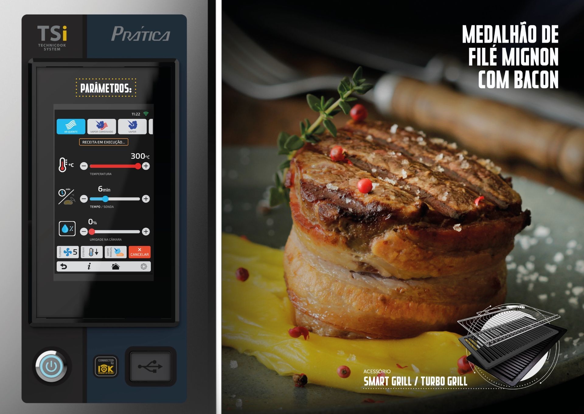 Uma foto de um bife em um prato ao lado de um dispositivo ts1