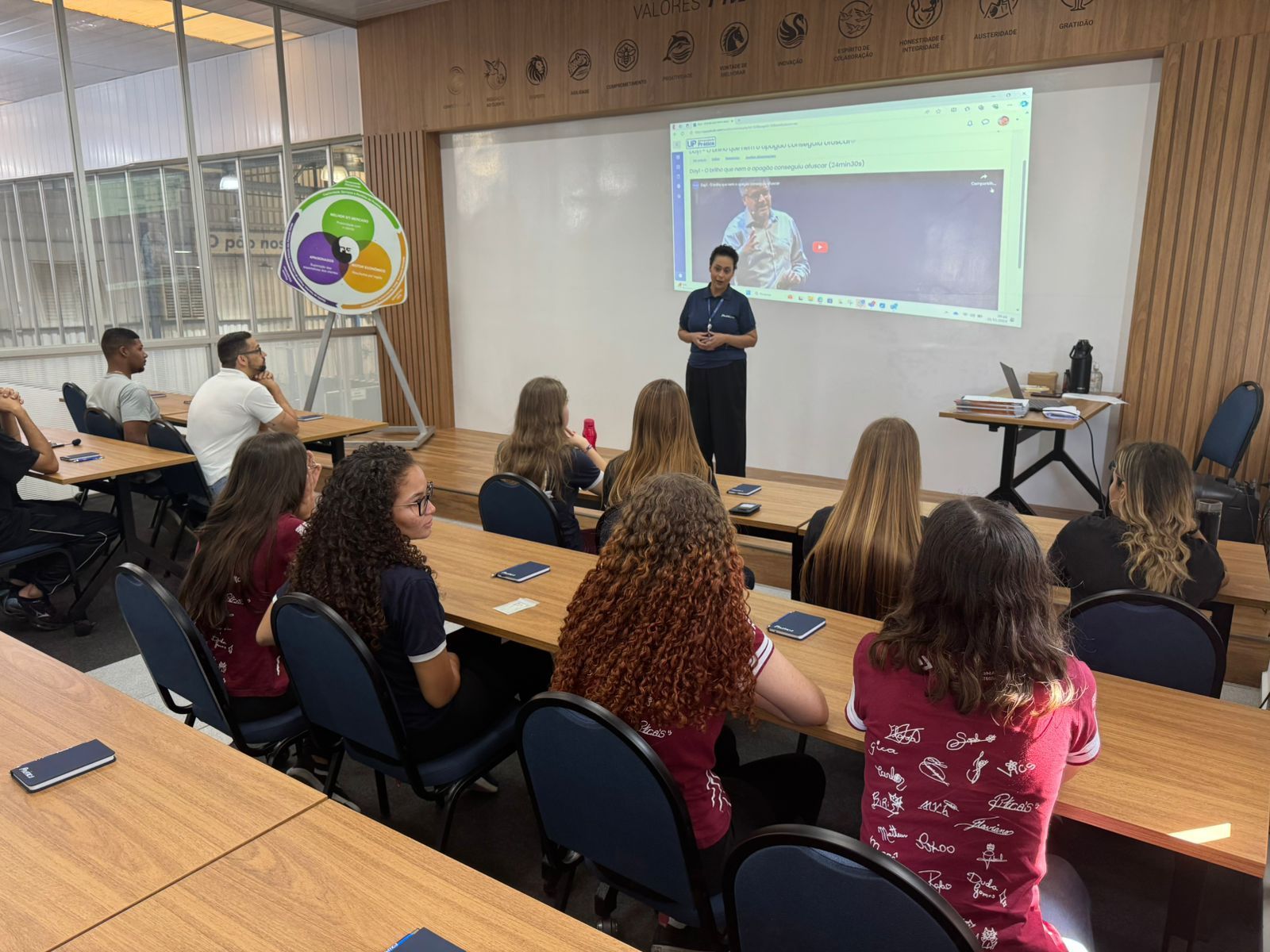Um grupo de pessoas está sentado em mesas em uma sala de aula assistindo a uma apresentação.