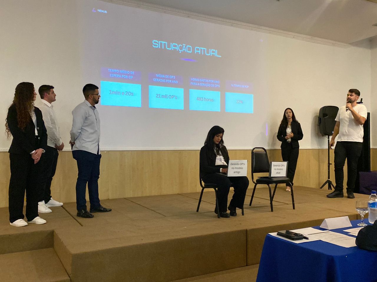 Um grupo de pessoas está em pé em um palco em frente a uma tela de projetor.