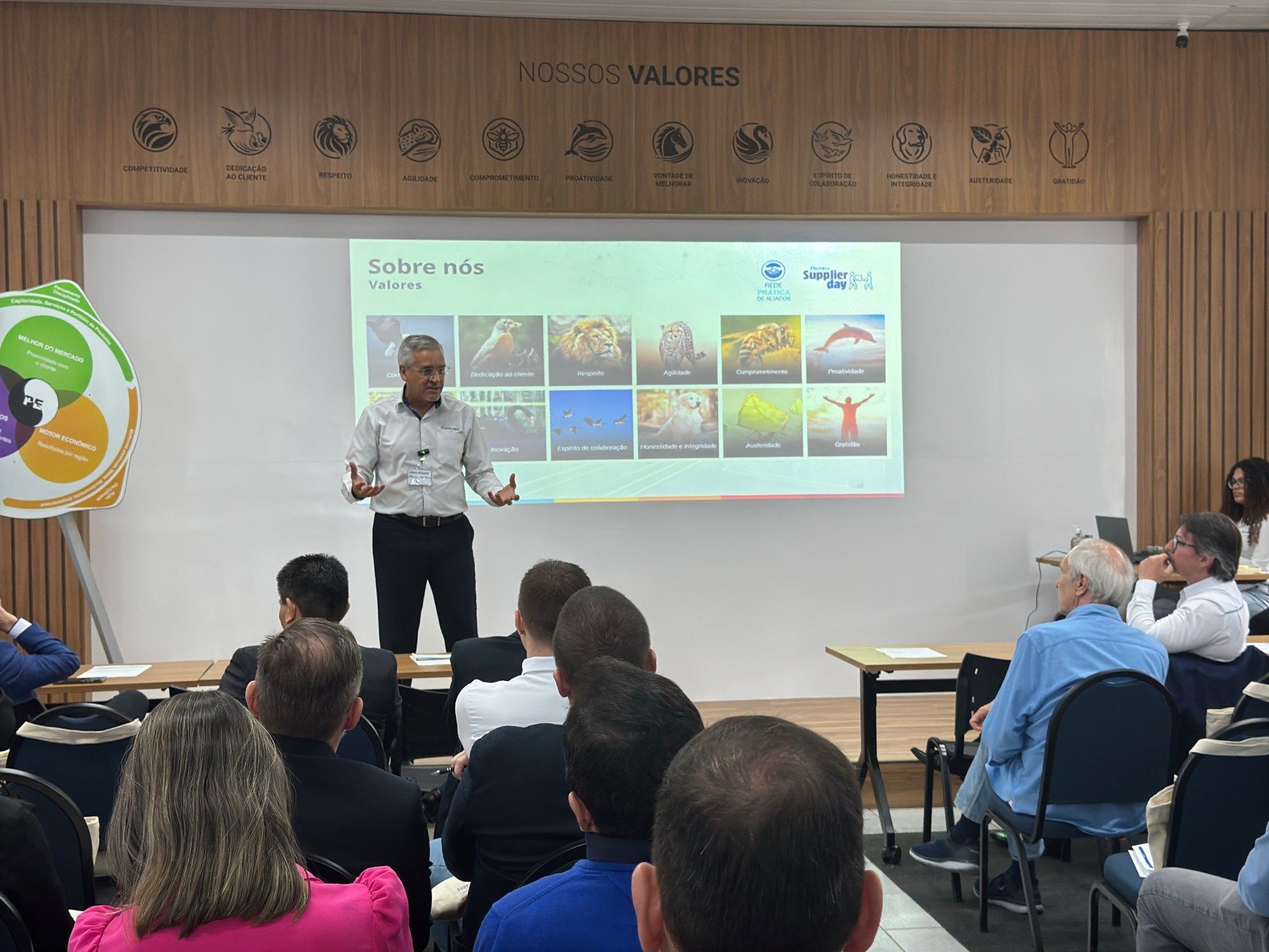 Um homem está fazendo uma apresentação para um grupo de pessoas em uma sala de aula.