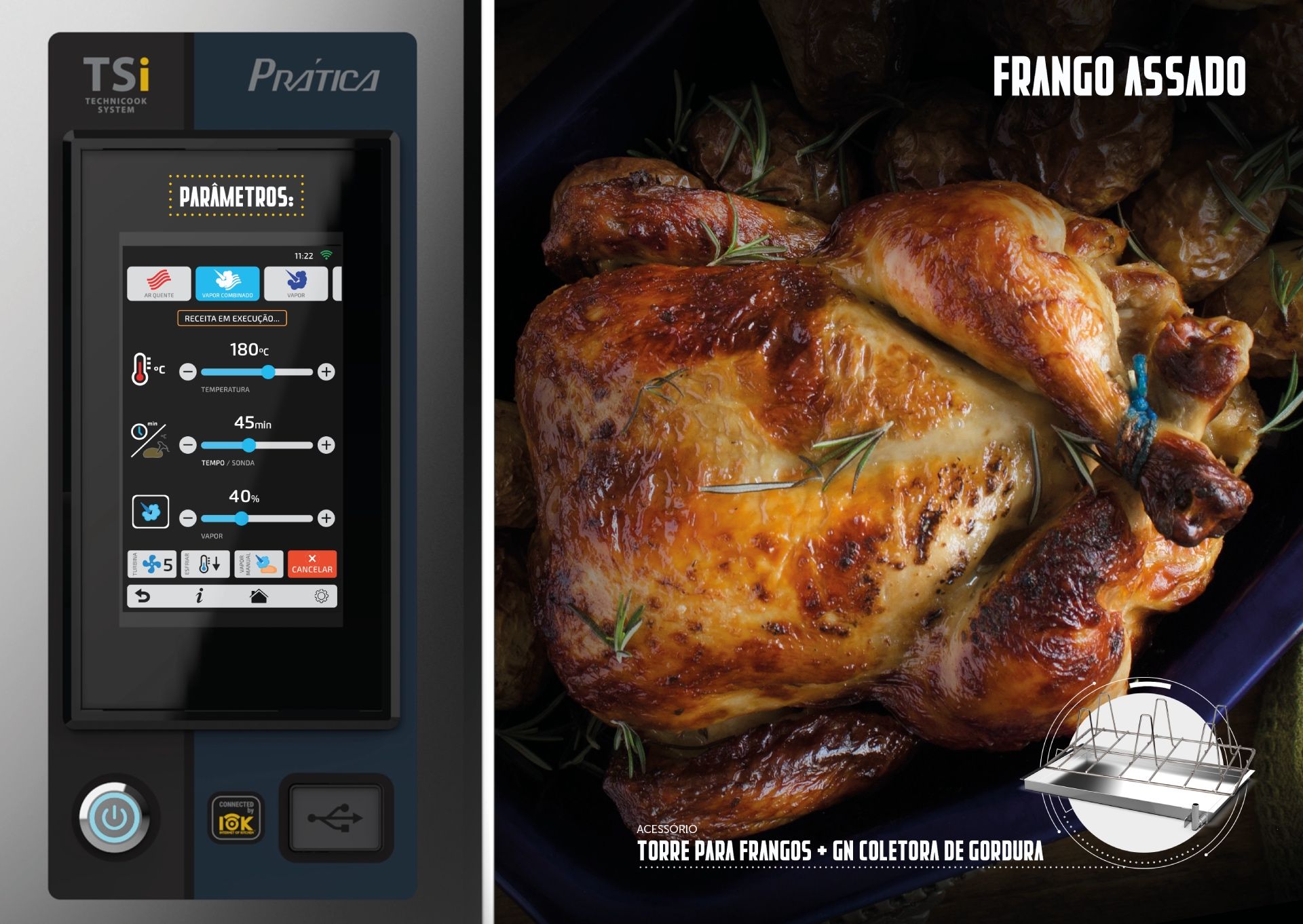 Uma foto de um frango assado ao lado de um forno TSI