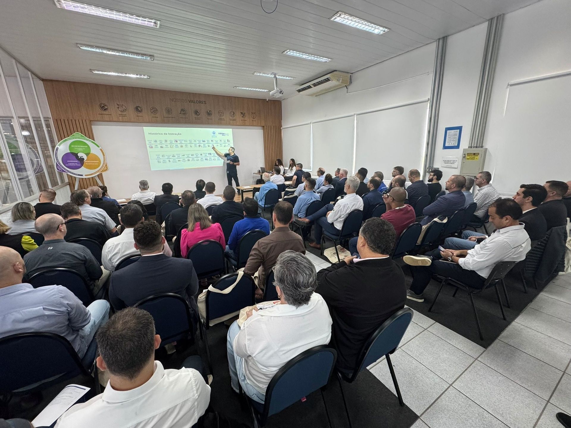 Um grupo de pessoas está sentado em cadeiras em uma sala assistindo a uma apresentação.