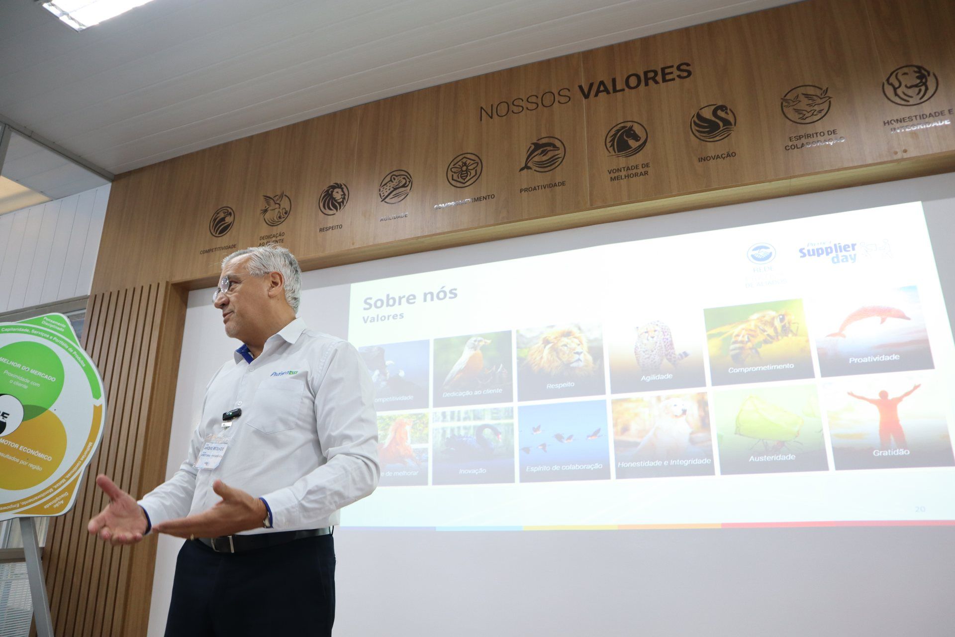 Um homem está fazendo uma apresentação em frente a uma tela grande.