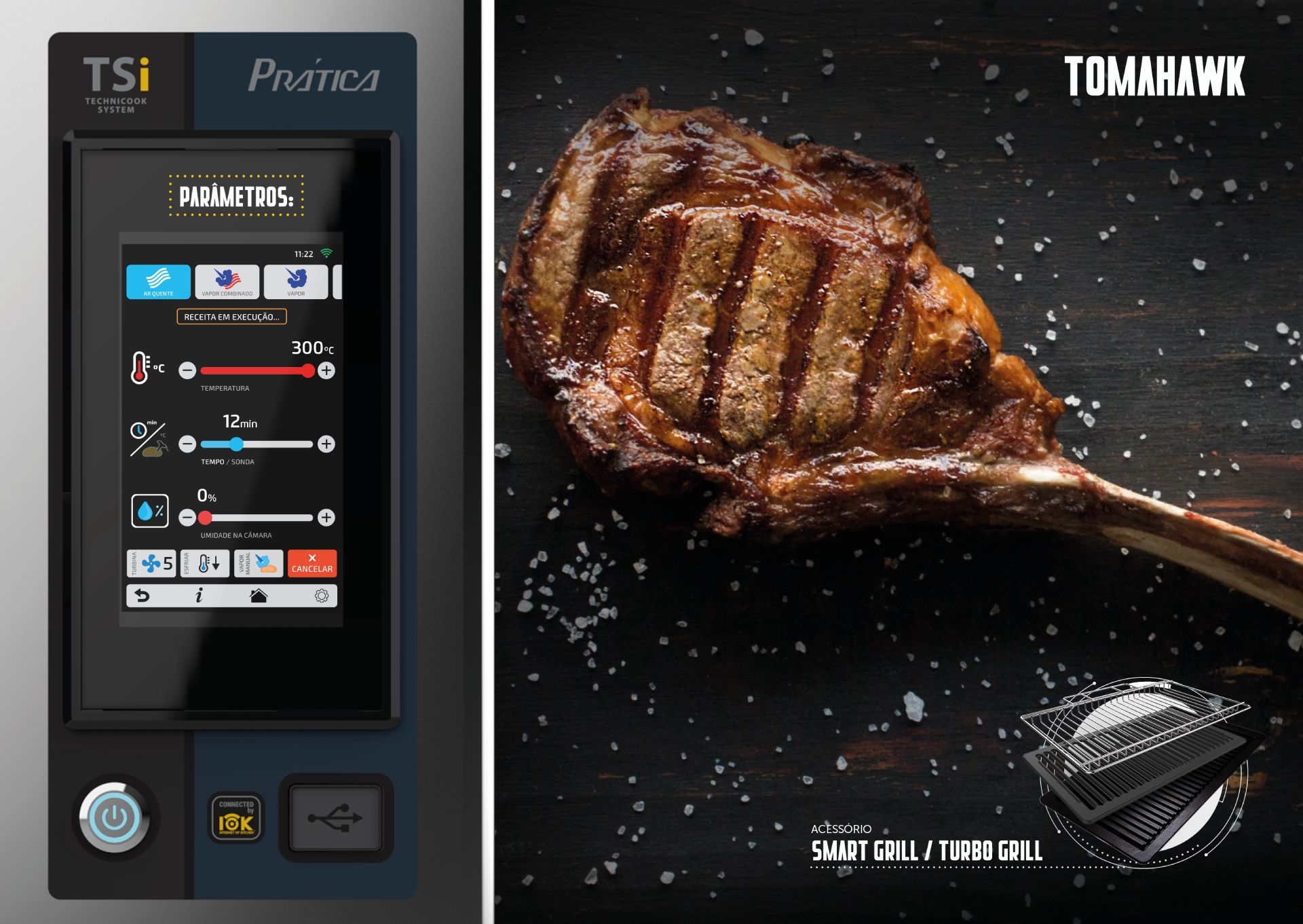 Uma foto de um bife ao lado de um dispositivo TSI