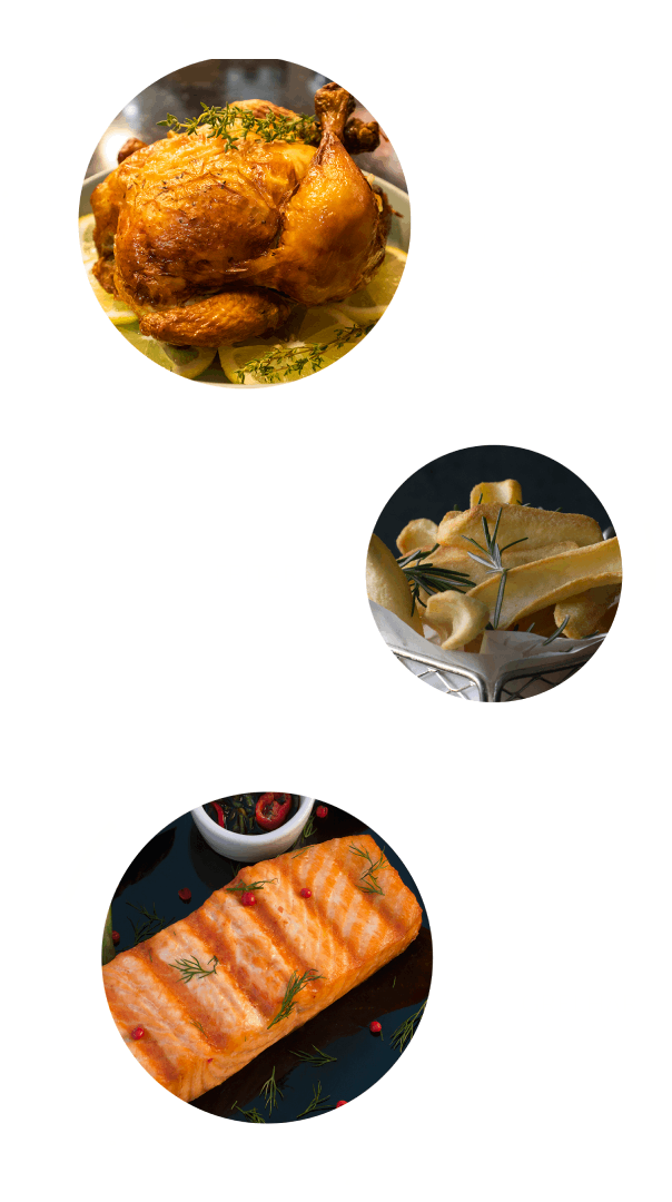 Três círculos com diferentes tipos de comida dentro deles em um fundo branco.