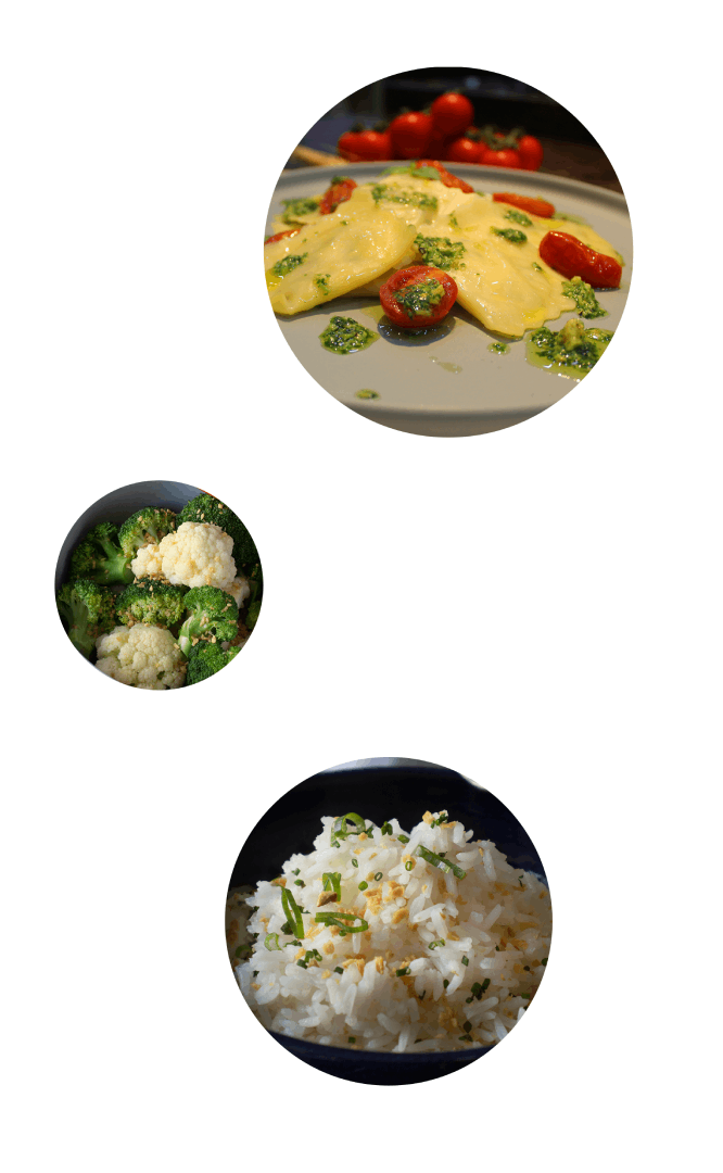 Três círculos com diferentes tipos de alimentos em um fundo branco
