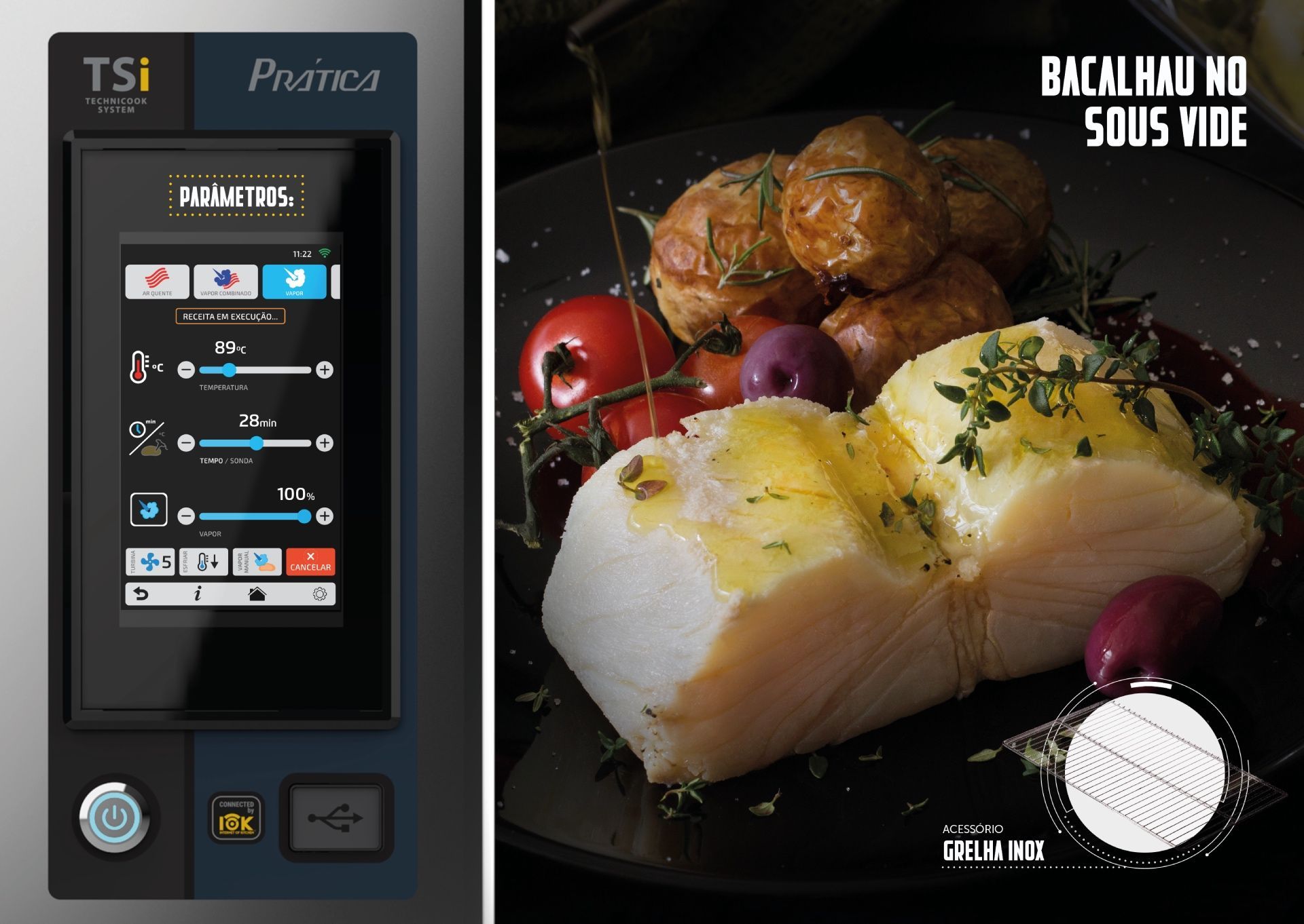 Uma foto de um prato de comida ao lado de um forno TSI