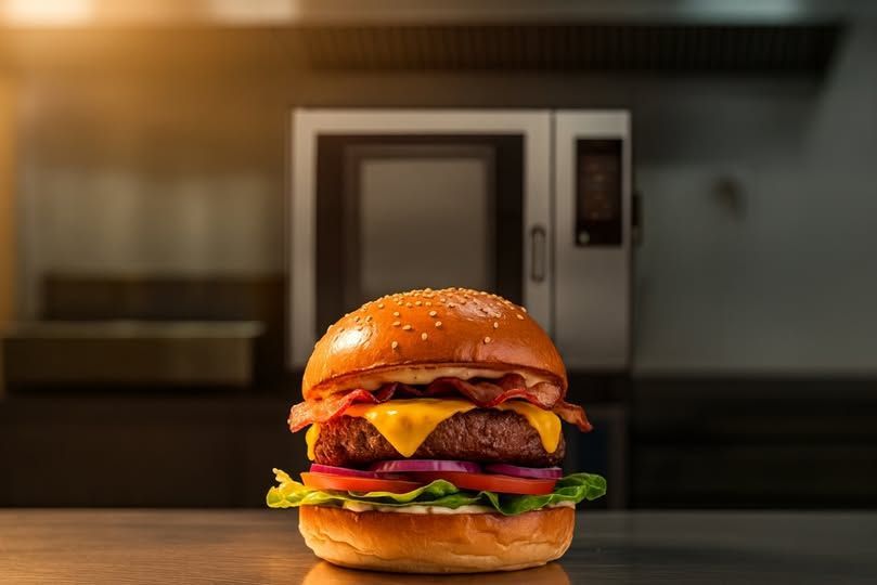 Hambúrguer delicioso com bacon, queijo, tomate e alface sobre uma mesa na cozinha.