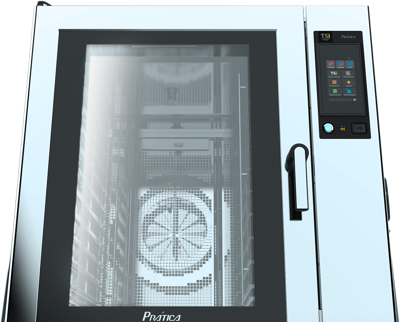 Um forno de aço inoxidável com porta de vidro