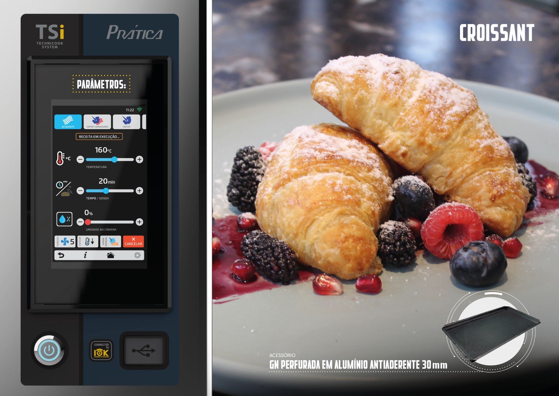 Um croissant está em um prato com frutas vermelhas ao lado de uma tela sensível ao toque.