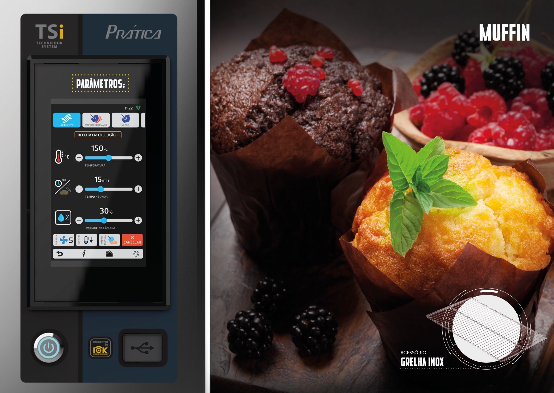 Uma foto de um muffin ao lado de uma foto de frutas vermelhas