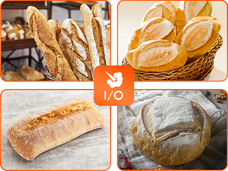 Uma colagem de quatro fotos de diferentes tipos de pão