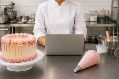 Confeiteira em uma cozinha com um bolo rosa coberto com glacê, laptop e saco de confeitar sobre uma bancada de aço inoxidável.