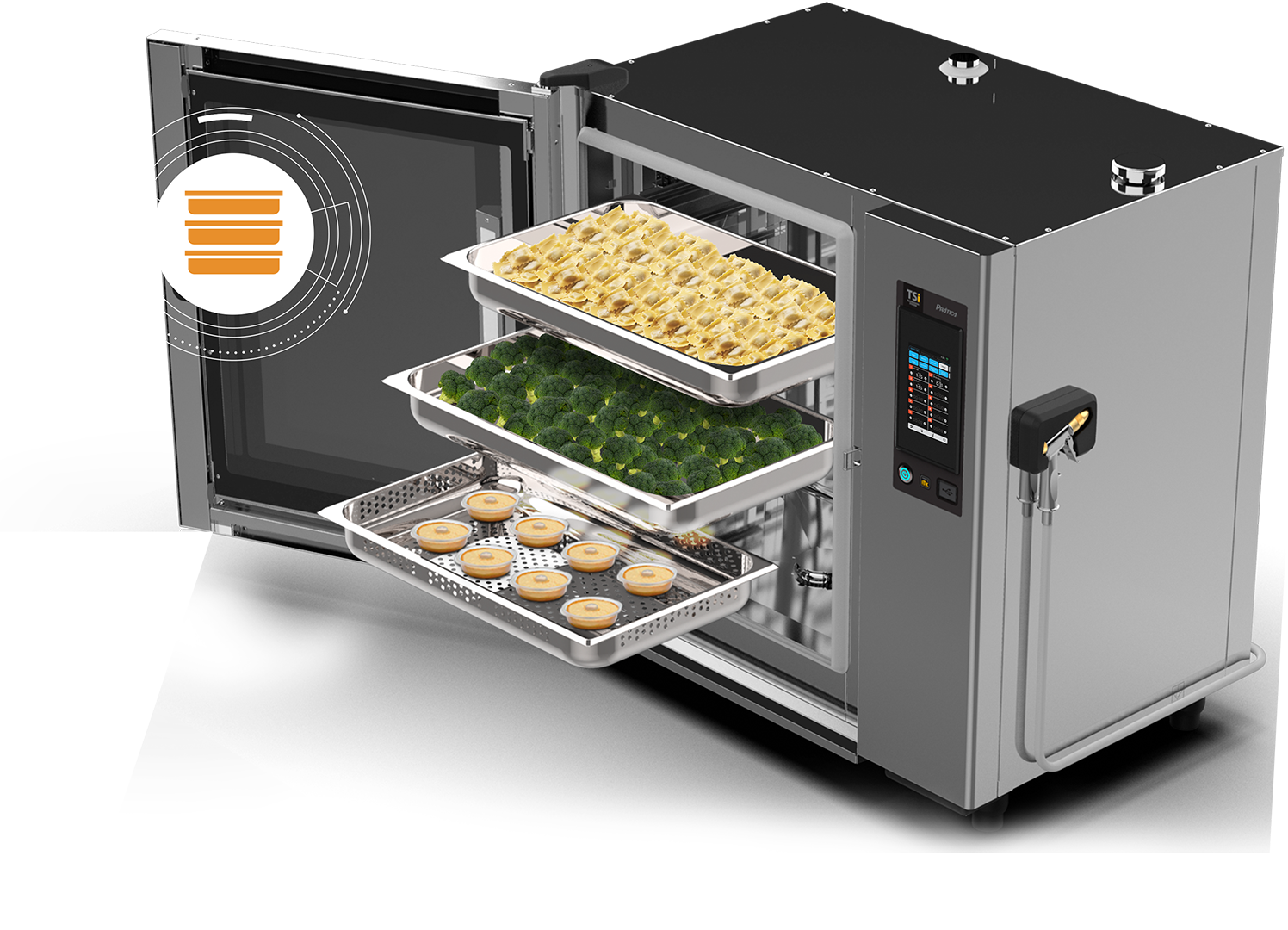 Um forno de aço inoxidável com três bandejas de comida dentro dele.