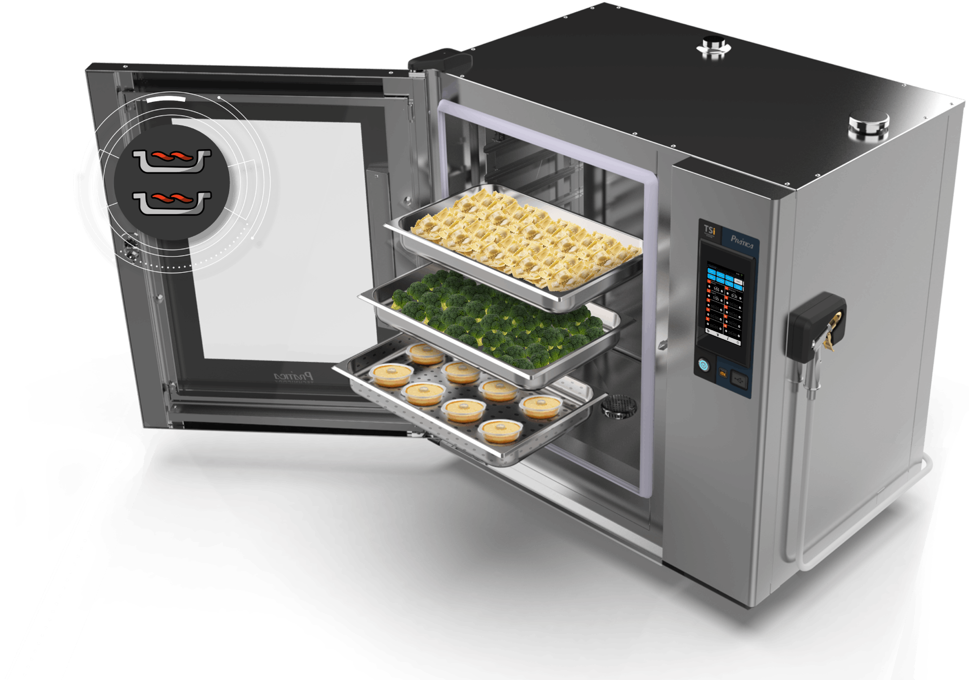 Um forno de aço inoxidável com três bandejas de comida dentro dele.