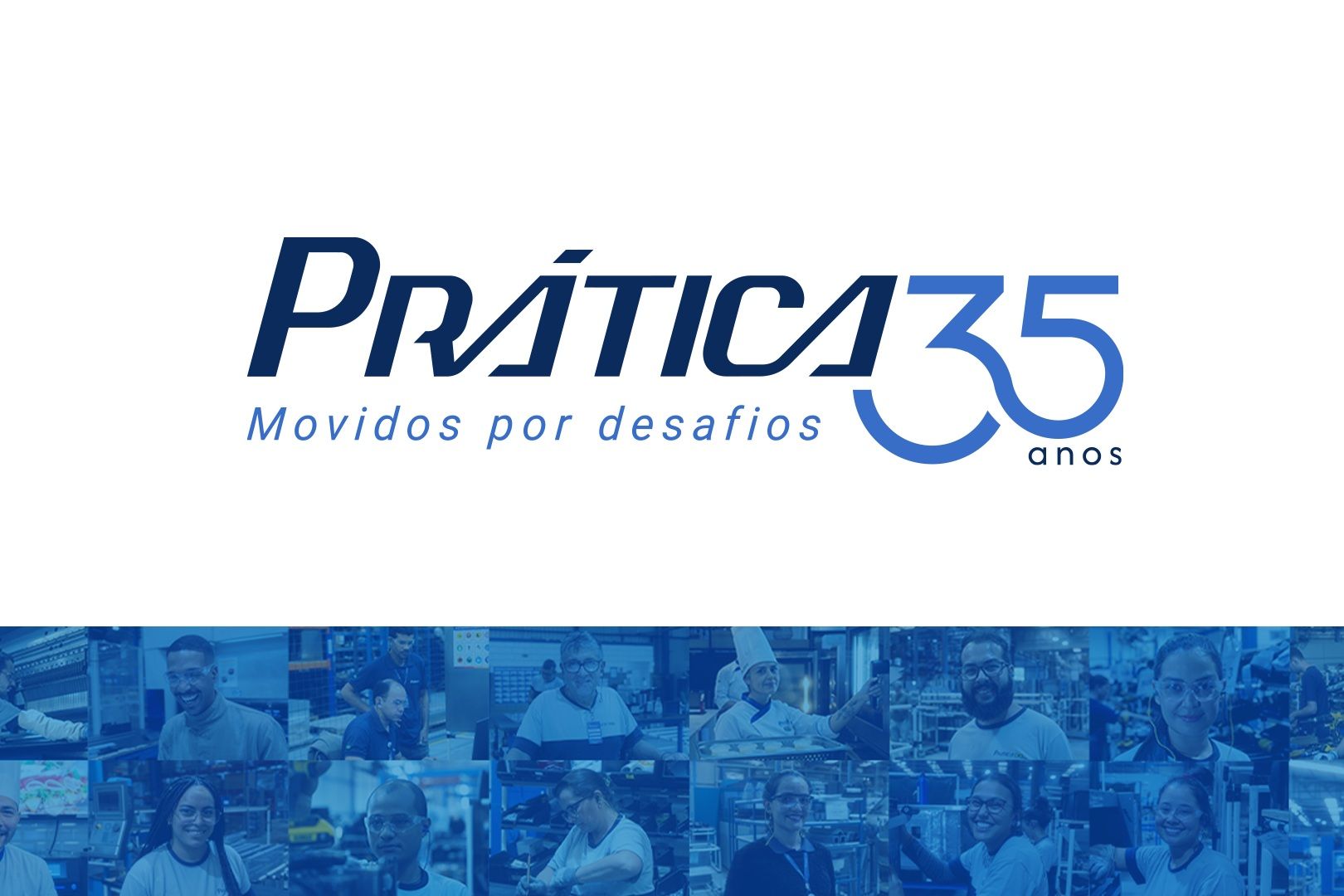 Selo comemorativo Prática 35 anos com a assinatura Movidos por desafios e mosaico de colaboradores 
