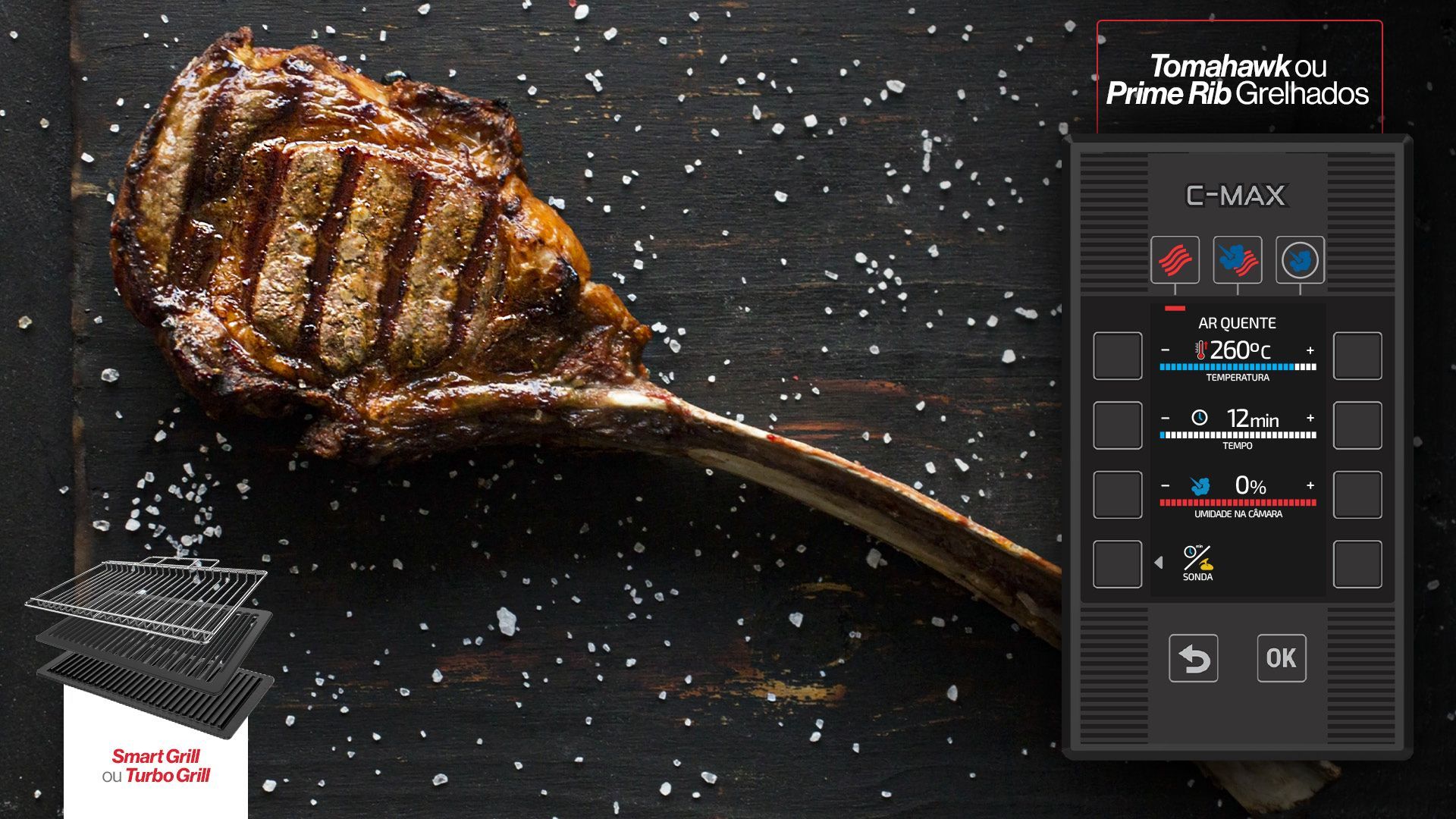 Um bife está sobre uma mesa ao lado de uma tela que diz e-max