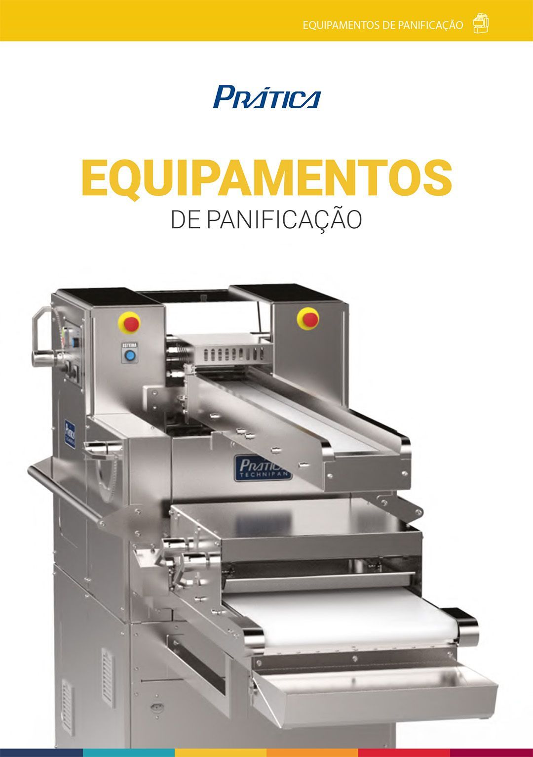 A brochure for equipments de panificação shows a machine with the door open.