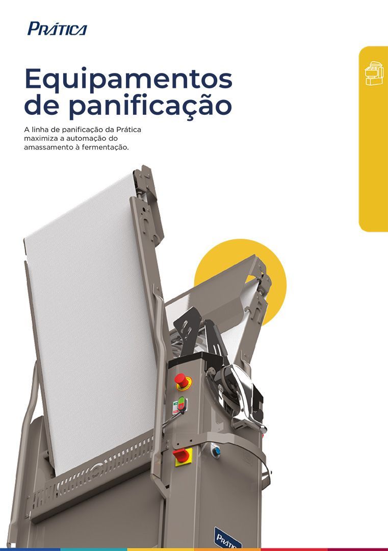 A brochure for equipments de panificação shows a machine with the door open.