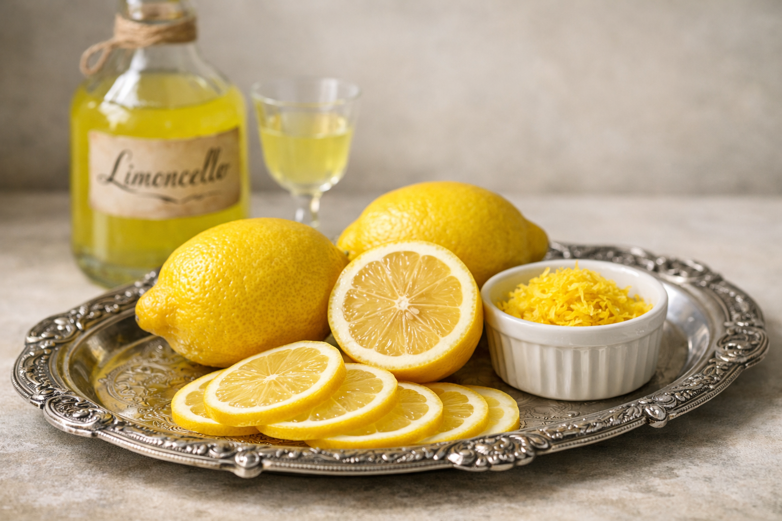 Limões em uma bandeja de prata com uma garrafa e uma dose de Limoncello. Raspas de limão amarelo em uma tigela.