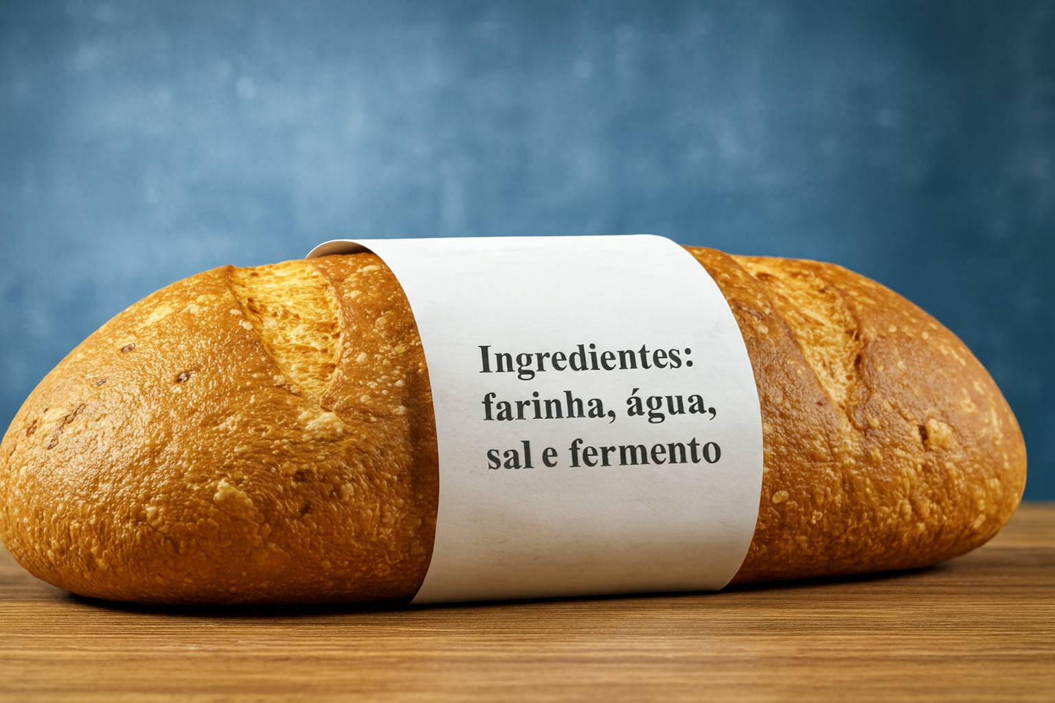Filão de pão mostrando etiqueta com ingredientes sobre mesa de madeira e fundo azul.