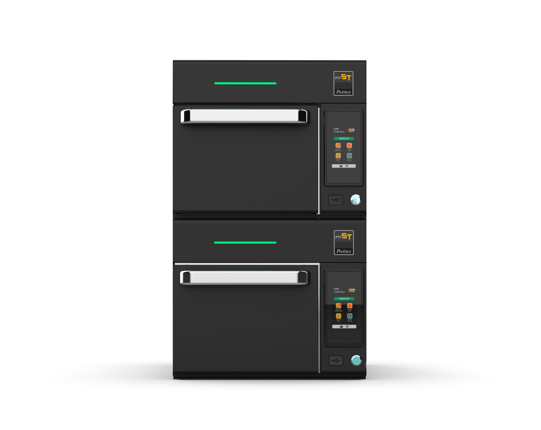 Dois fornos pretos empilhados um em cima do outro sobre um fundo branco.