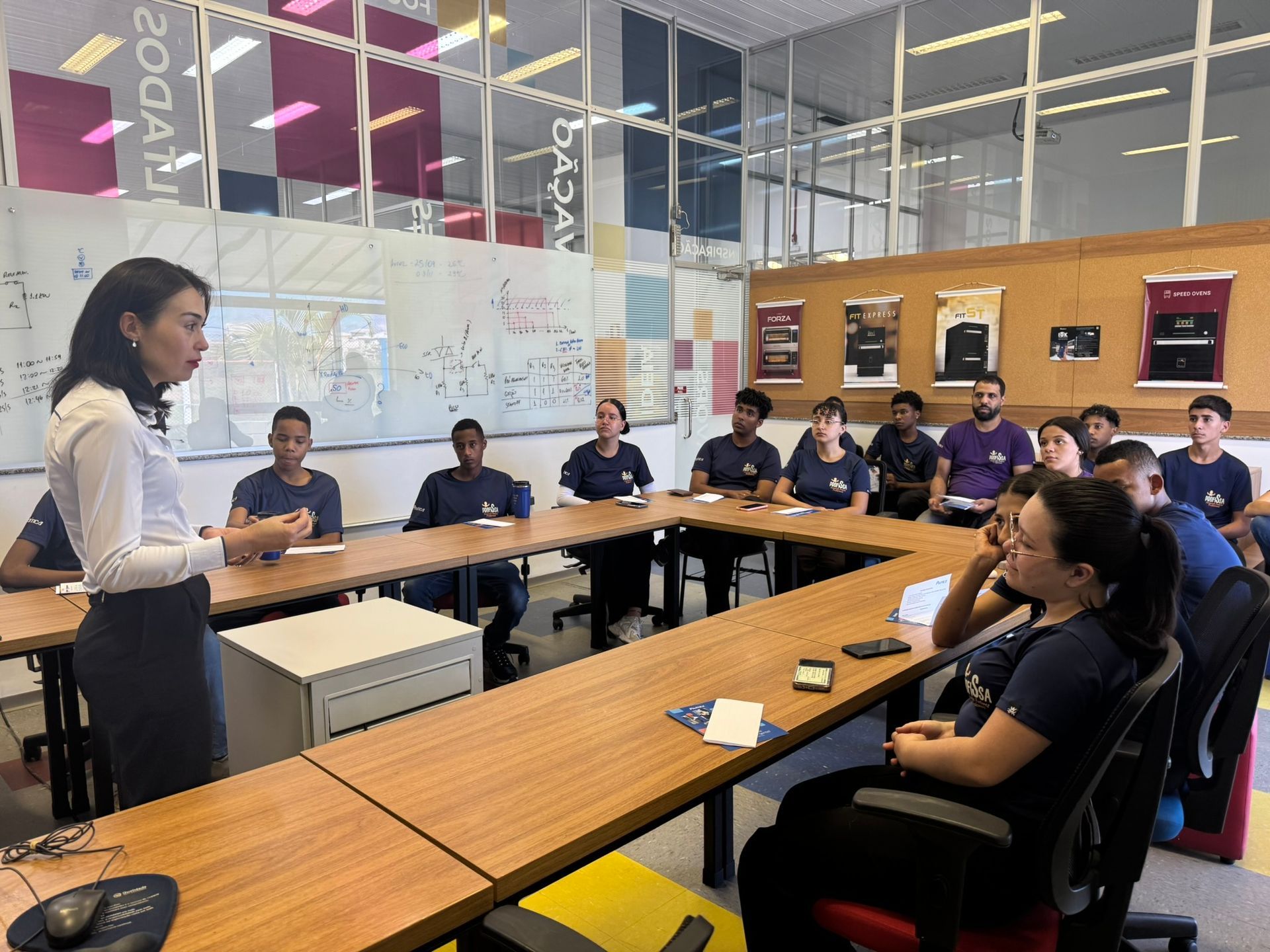 Mulher fazendo uma apresentação para um grupo sentado ao redor de uma mesa. Um quadro branco e pôsteres estão ao fundo.