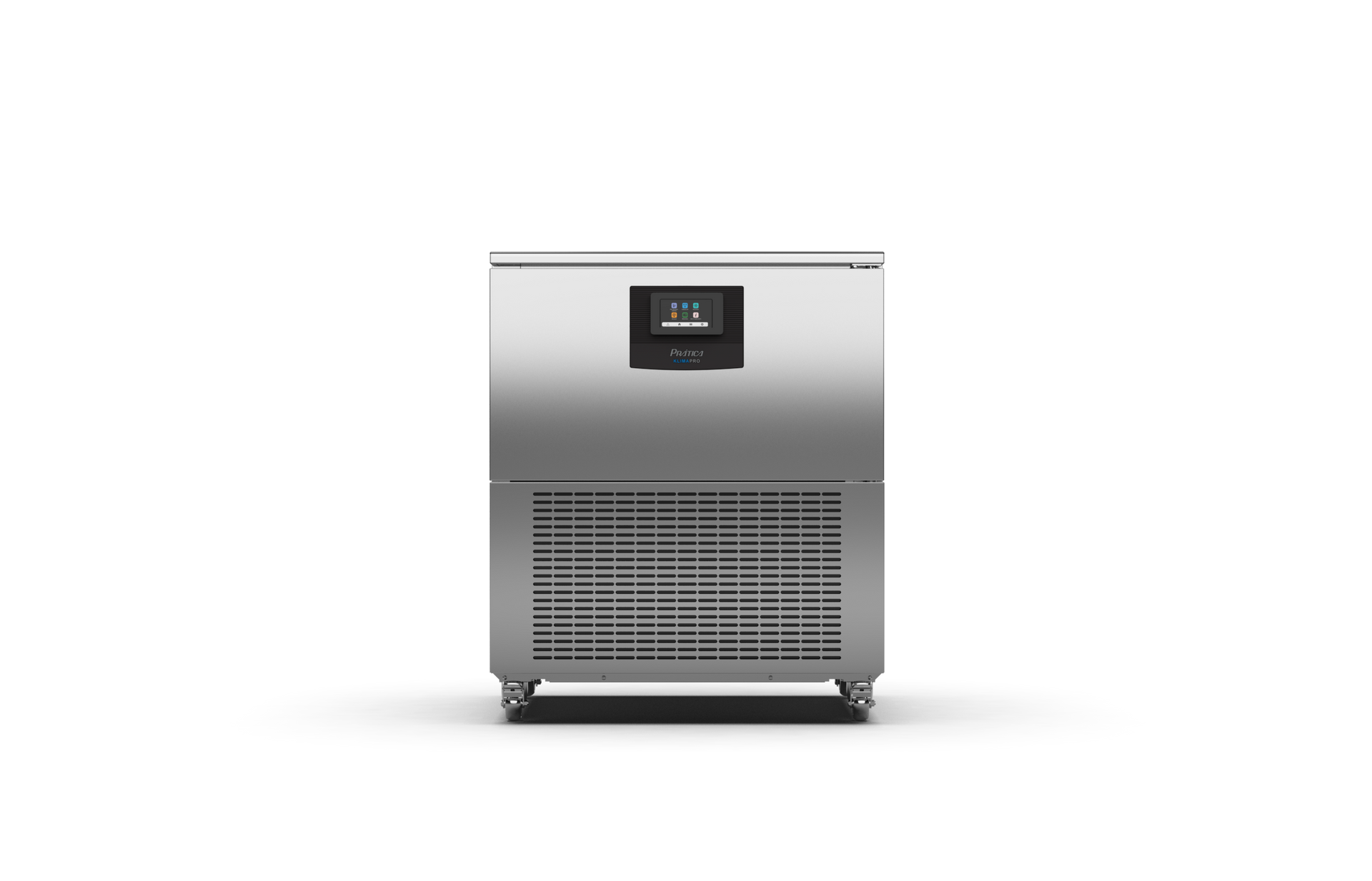 Uma geladeira de aço inoxidável com um display digital em um fundo branco.