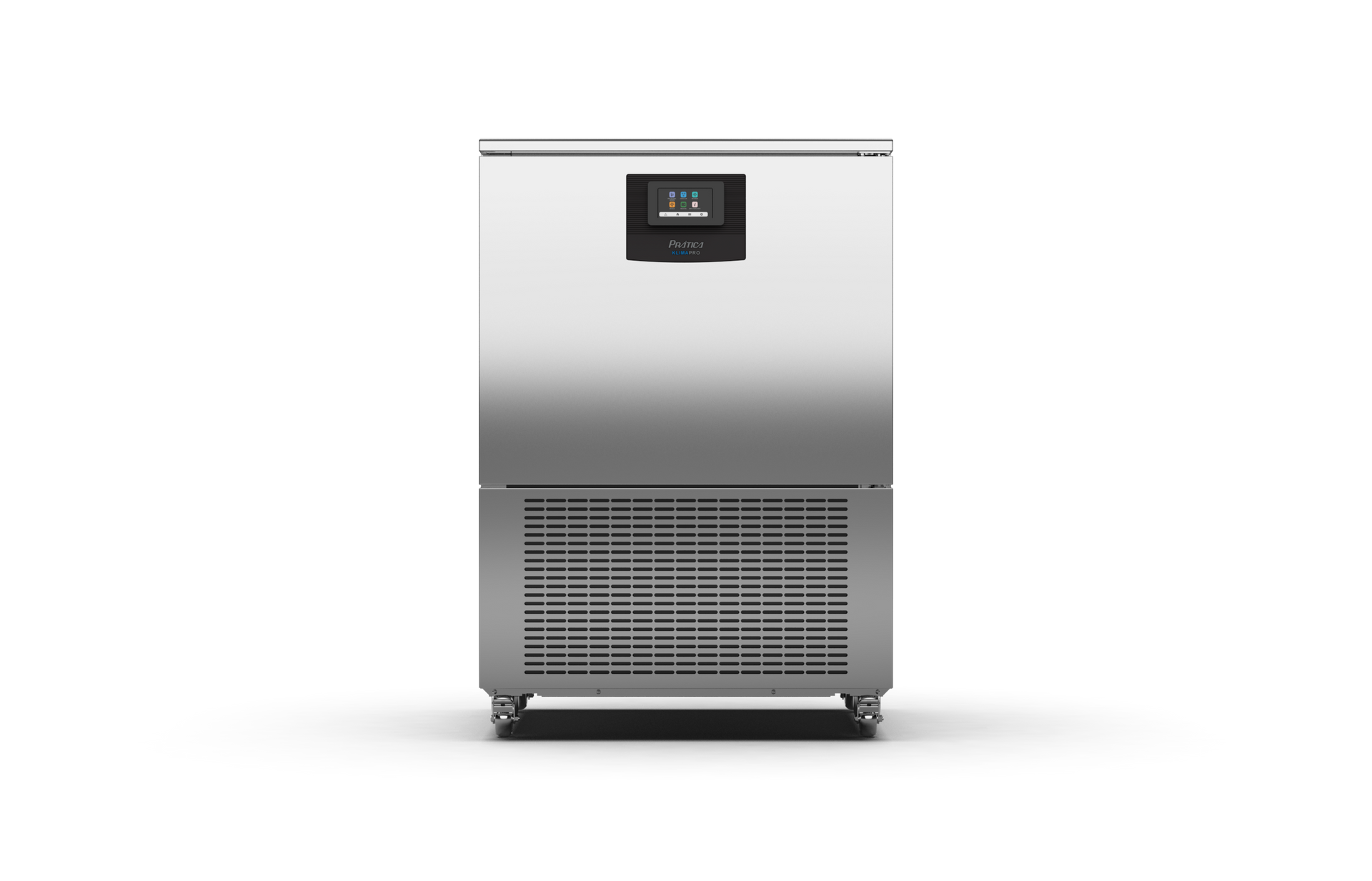 Uma geladeira de aço inoxidável com rodas em um fundo branco.