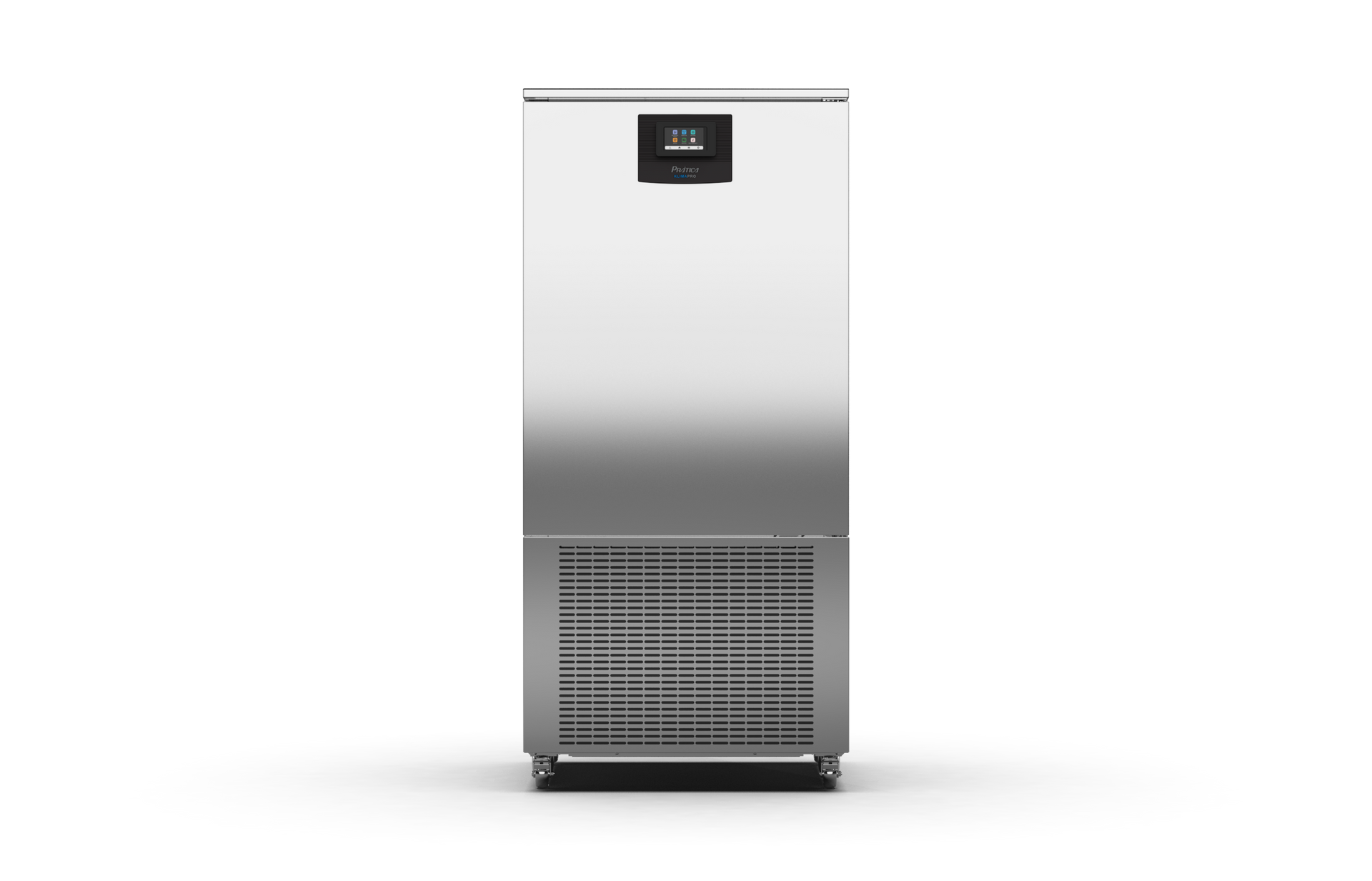 Uma geladeira de aço inoxidável está sobre uma superfície branca.