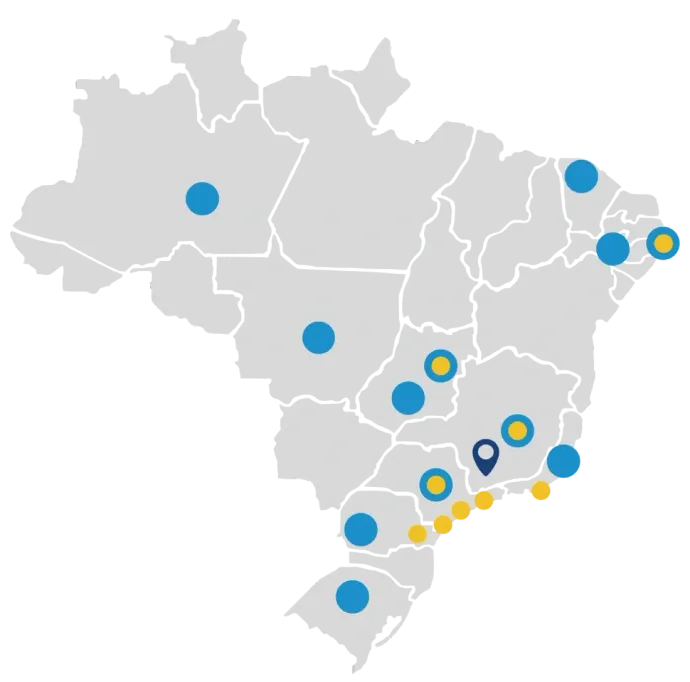 Um mapa do brasil com círculos azuis e amarelos