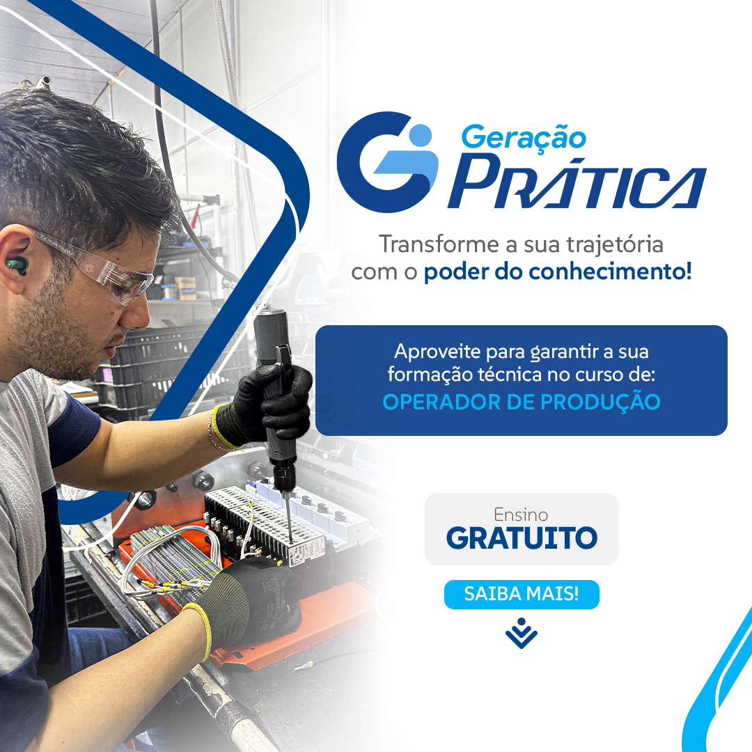 Anúncio para curso gratuito de operador de produção. Homem trabalhando com ferramentas. Design azul e branco.