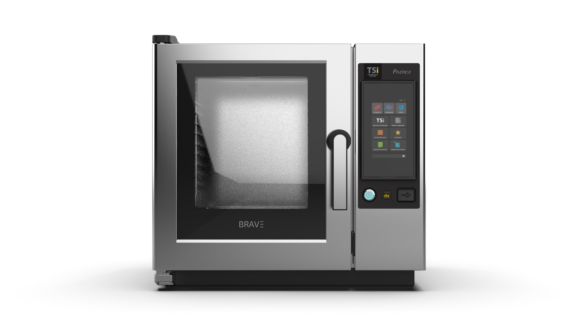 Um forno de aço inoxidável com uma porta de vidro em um fundo branco.