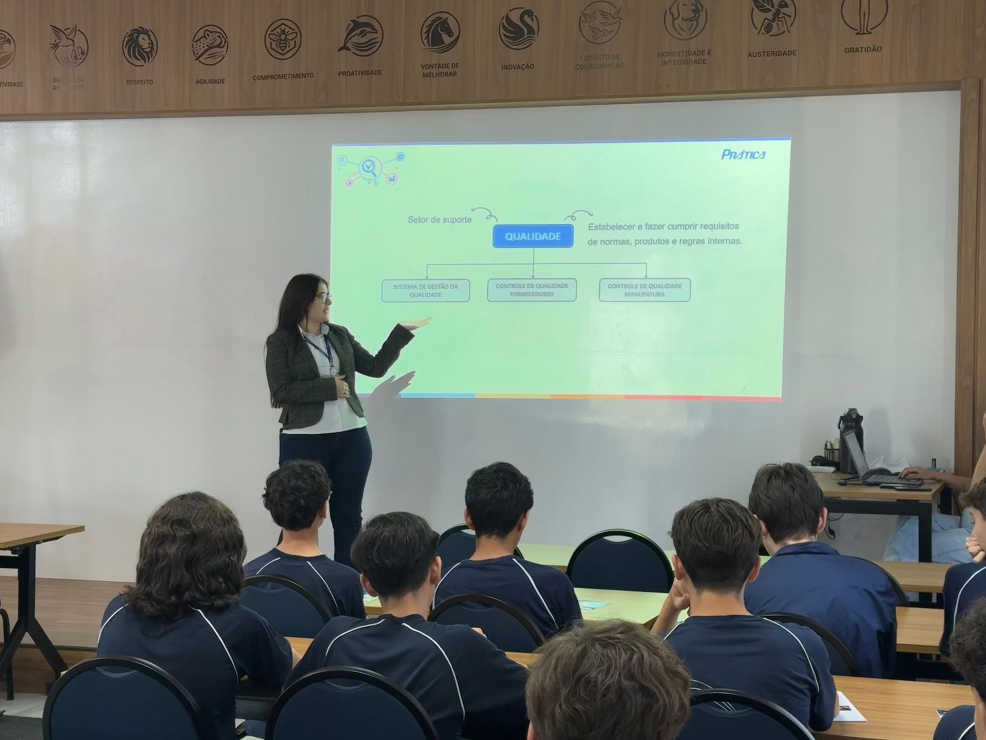 Mulher apresentando um diagrama em uma tela para uma sala de aula cheia de alunos.