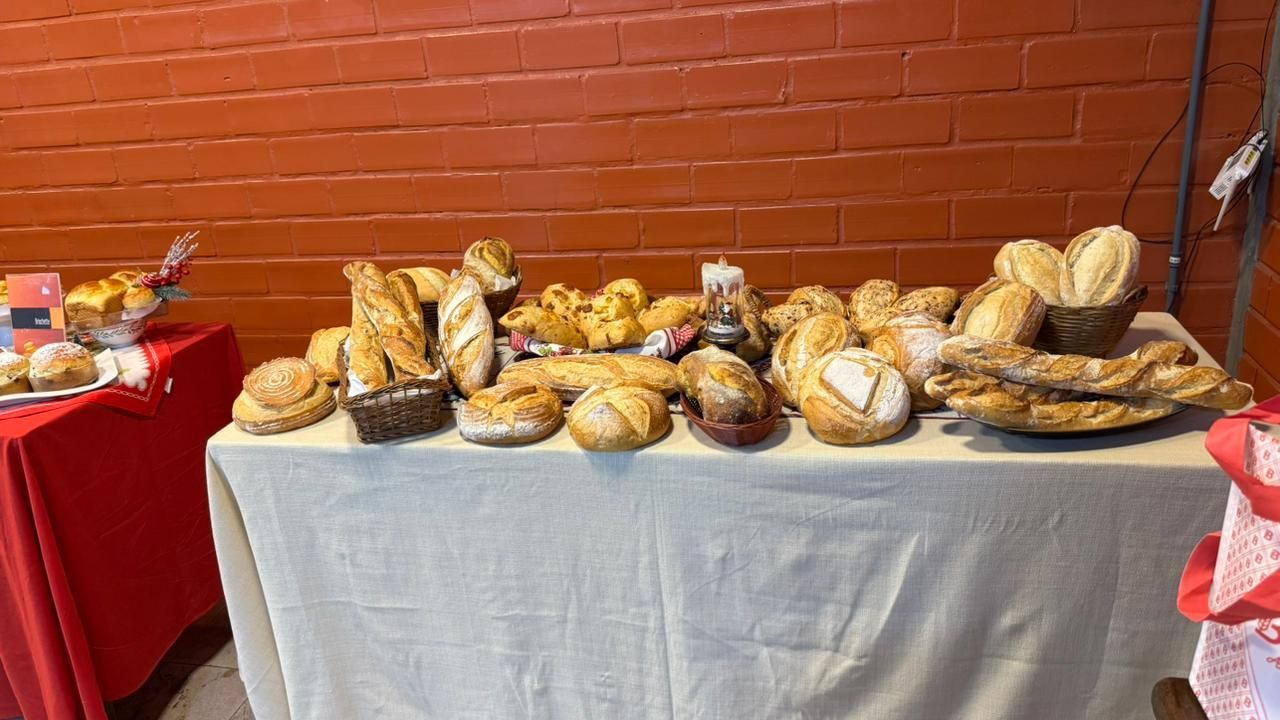 Mesa com diversos tipos de pão expostos contra uma parede de tijolos. Cestas e toalha de mesa de linho.