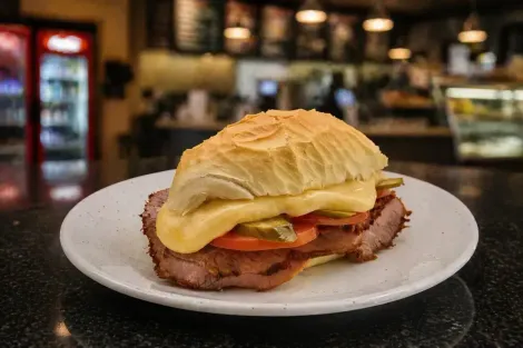 Sanduíche Bauru com queijo derretido em um prato branco em um restaurante com fundo desfocado.