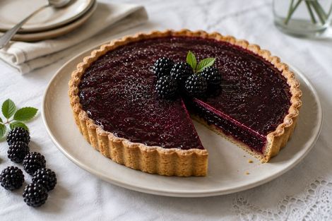 Tarte de amora servida num prato, com uma fatia retirada e amoras frescas por cima.