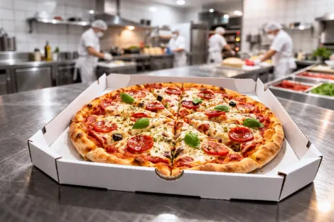 Pizza de pepperoni em uma caixa de entrega sobre a bancada da cozinha, com chefs ao fundo.