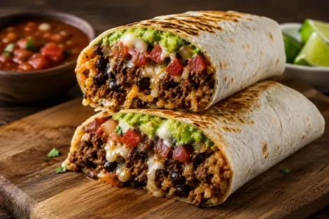 Dois burritos de carne em uma tábua de madeira, cobertos com guacamole, salsa e creme azedo, perto de fatias de limão.