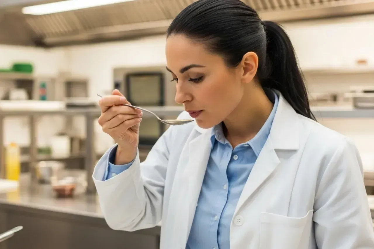 Mulher de jaleco branco provando comida com uma colher na cozinha, cheirando-a atentamente.