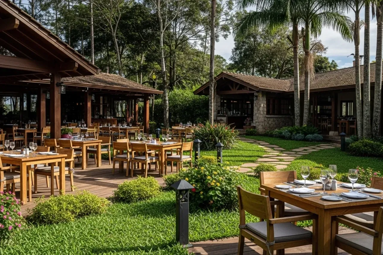 Restaurante ao ar livre com mesas e cadeiras de madeira, vegetação exuberante e construções rústicas.