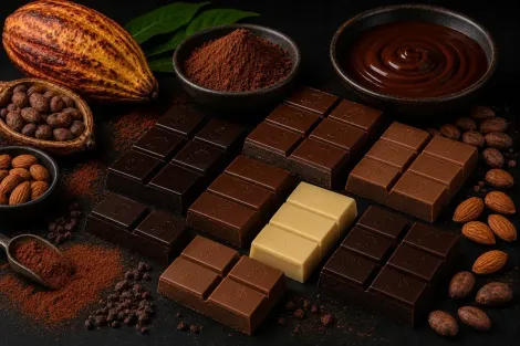 Barras de chocolate variadas, vagens de cacau e grãos de cacau dispostos sobre uma superfície escura.