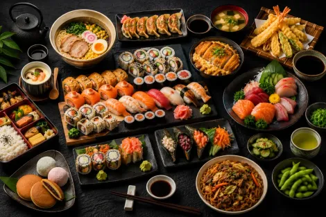 Variedade de sushi, sashimi e pratos japoneses dispostos sobre uma mesa escura, com frutas e molhos para mergulhar.