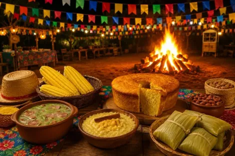 Festa ao ar livre com milho, pão, tamales e uma fogueira sob bandeiras coloridas.