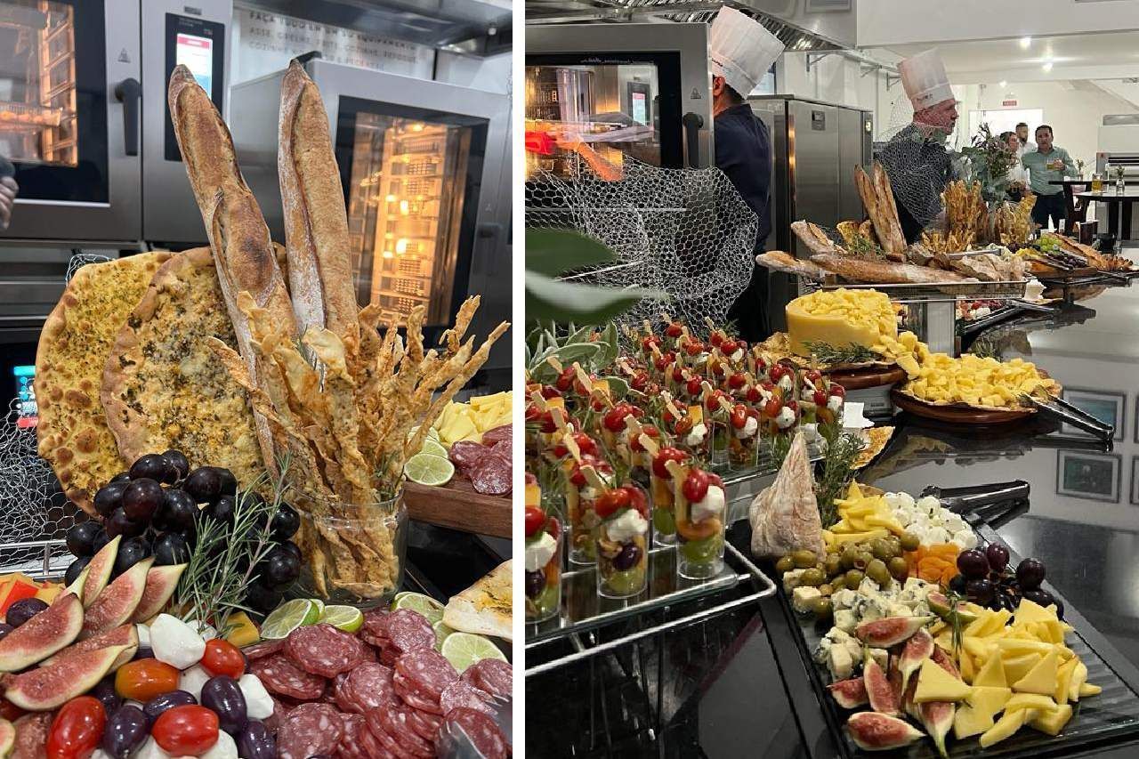 Algumas fotos de comida em uma mesa de cozinha.